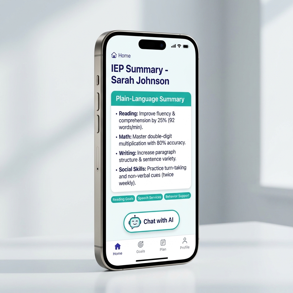 OurIEP iPhone app showing a plain-language IEP summary screen