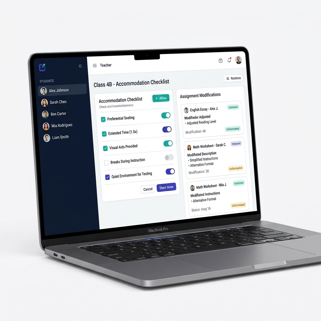 OurIEP Mac app showing teacher accommodation checklist and assignment modification workspace