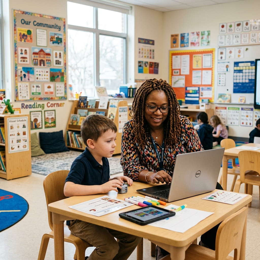 Special education teacher and student working together on a laptop in a bright classroom