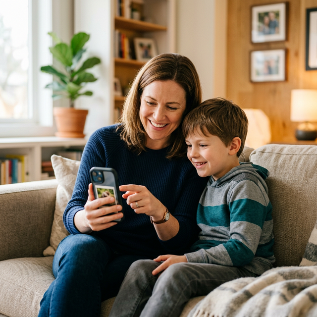 A parent and child looking at the OurIEP app together on a couch